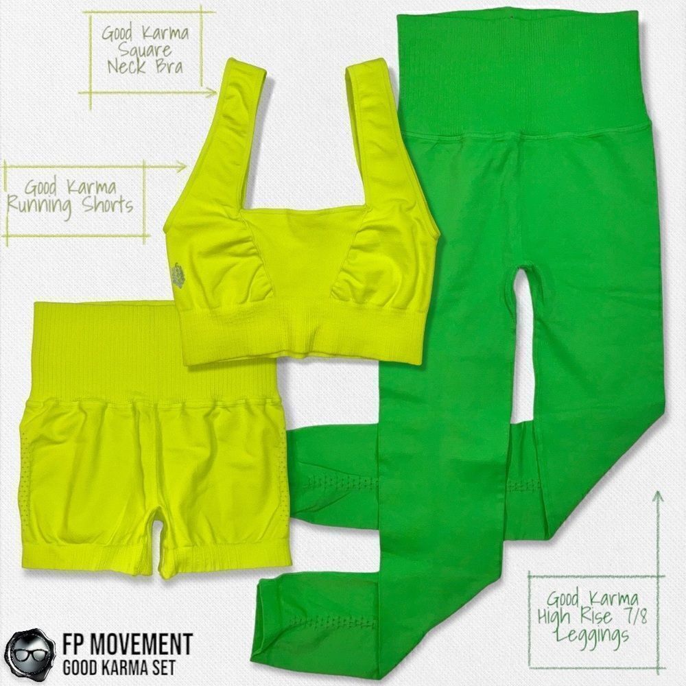 FP MOVEMENT GOOD KARMA SET: SQUARE NECK BRA + RUNNING SHORTS + LEGGINGS NEON NEW - Picture 2 of 16